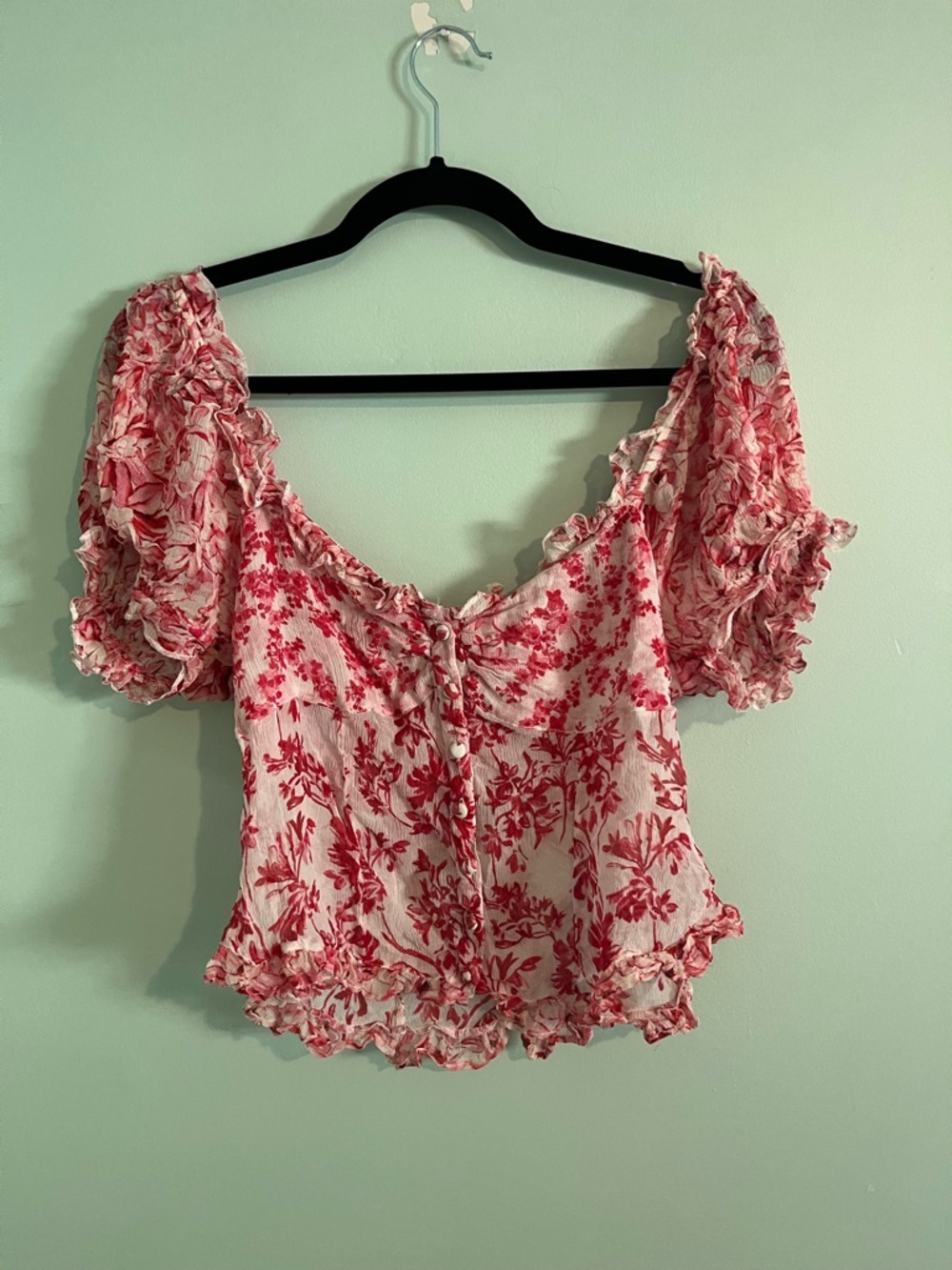 LoveShackFancy Pink Floral Ruffled Puff-Sleeve Blouse